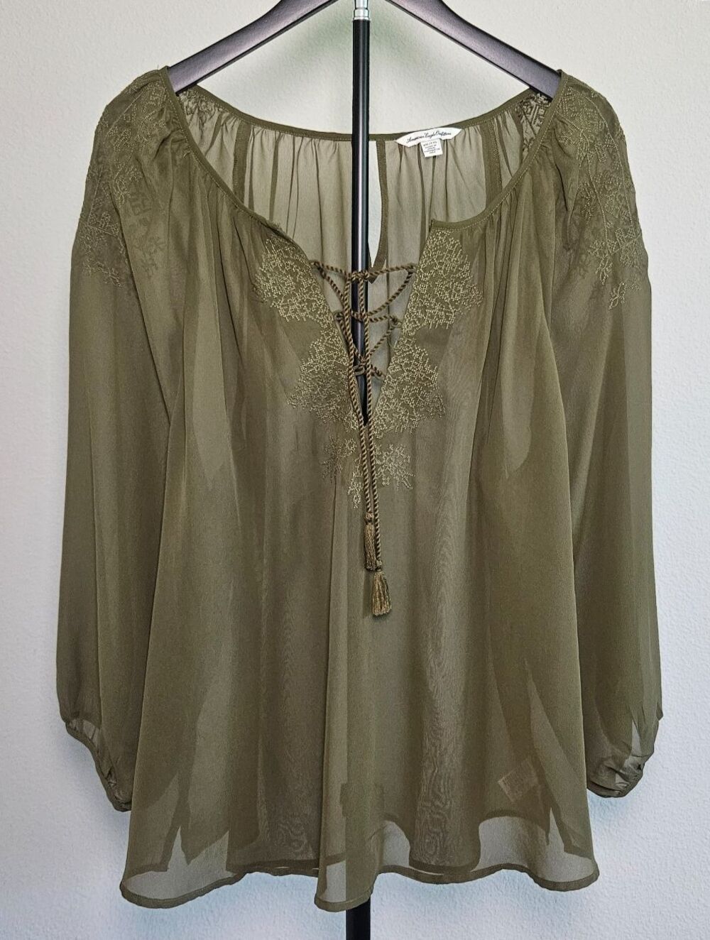 American Eagle Outfitters Womens XL Olive Boho Peasant Blouse Sheer Lace Tie